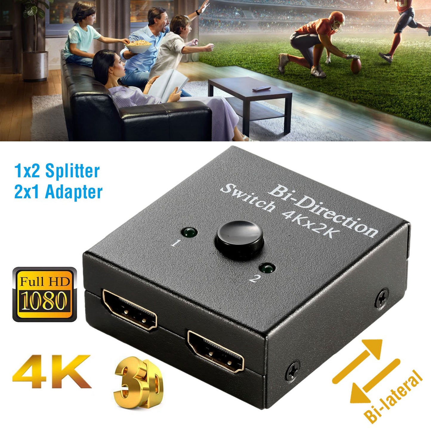 4K Bi-direction HD-IN & HD-OUT 2.0 Cable Switch Switcher Splitter Hub HDCP 3D 2x1 1x2 In Out