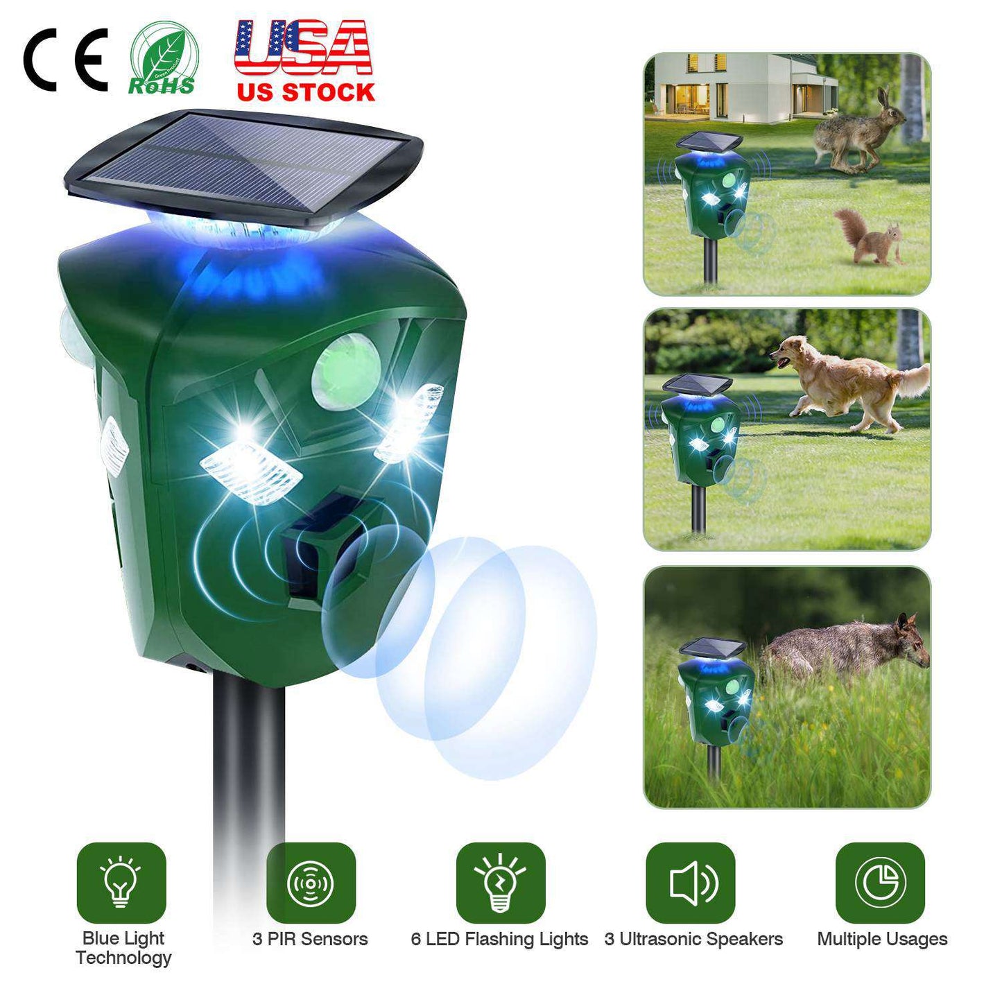 Electric Solar Powered Ultrasonic Animal Repeller 360¡ Ultrasonic Animal Driver with Motion Sensor LED Flashing Lights Waterproof Outdoor Animal Repel