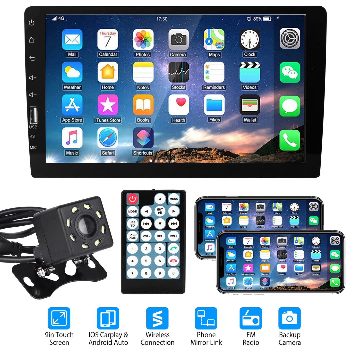 9in Car MP5 Stereo Player Touch Screen 1080P Wireless Car Radio FM USB AUX Back up Camera Mirror Link Remote Control