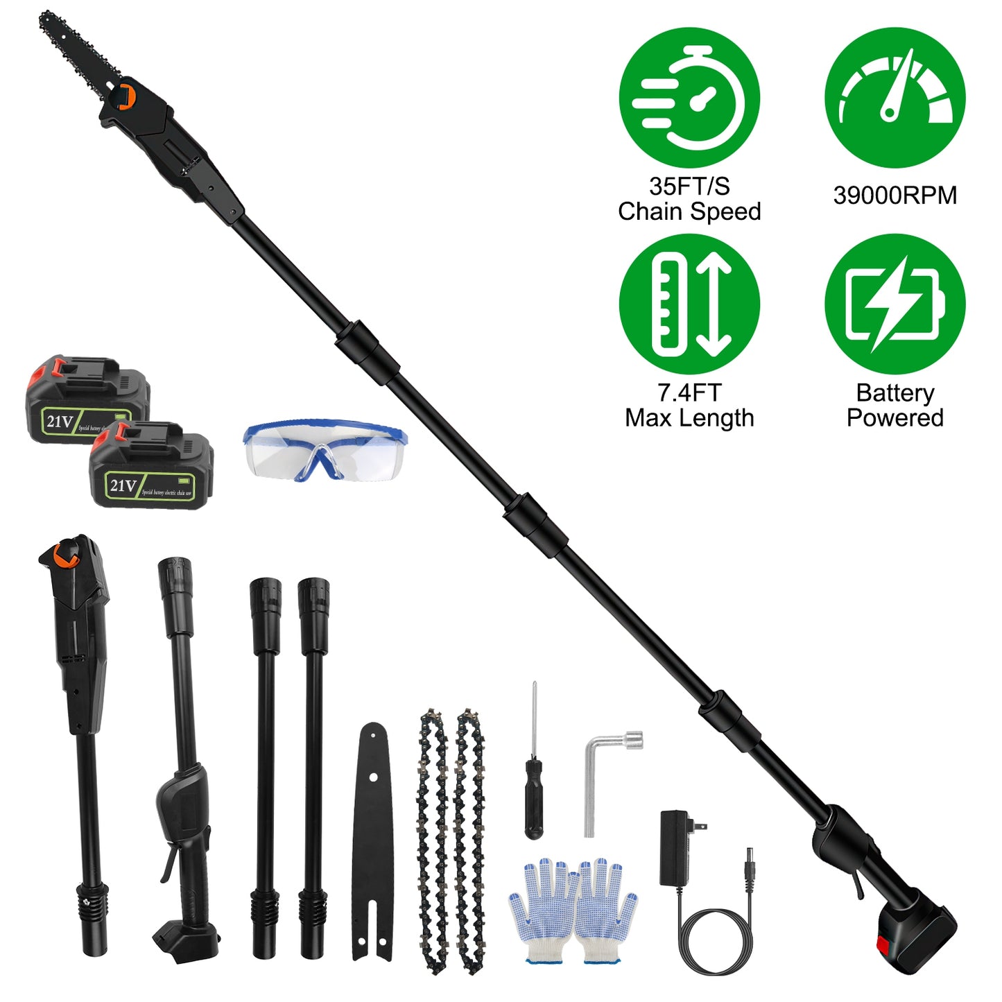 6in Cordless Pole Saw 7.4FT Maximum Extendable Length 35FT/S Speed Electric Pole Chainsaw 2Pcs 3.0Ah Batteries And Charger Included For Pruning Trimmi
