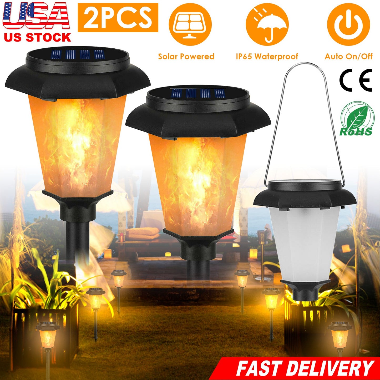 2Pcs Solar Flame Torch Light IP65 Waterproof Flickering Flame Stake Lamp Decorative Landscape Lamp For Garden Path Yard
