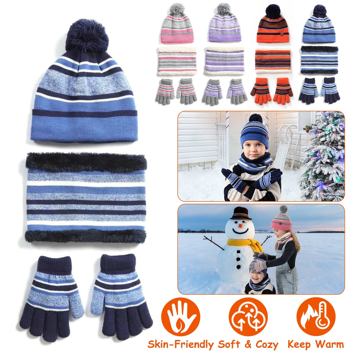 Winter Kids Knitted Hat Scarf Gloves 3Pcs Boys Girls Winter Warm Beanie Hat and Glove Scarf Set Beanie Neck Warmer Mittens for 4-7-Year-Old Kids