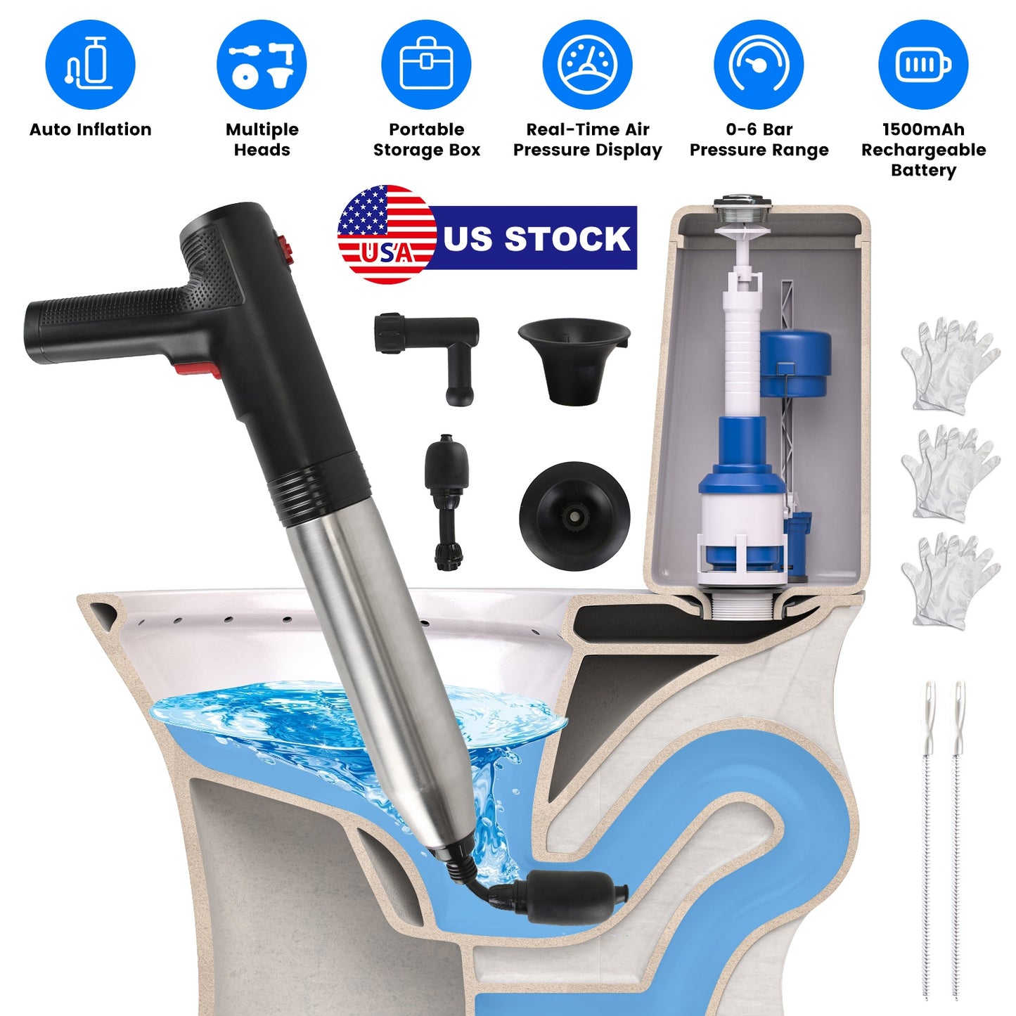 Electric Toilet Plunger High Pressure Air Plunger Air Drain Blaster Drain Clog Remover with Real Time Pressure Display for Toilets Bathroom Floor Drai