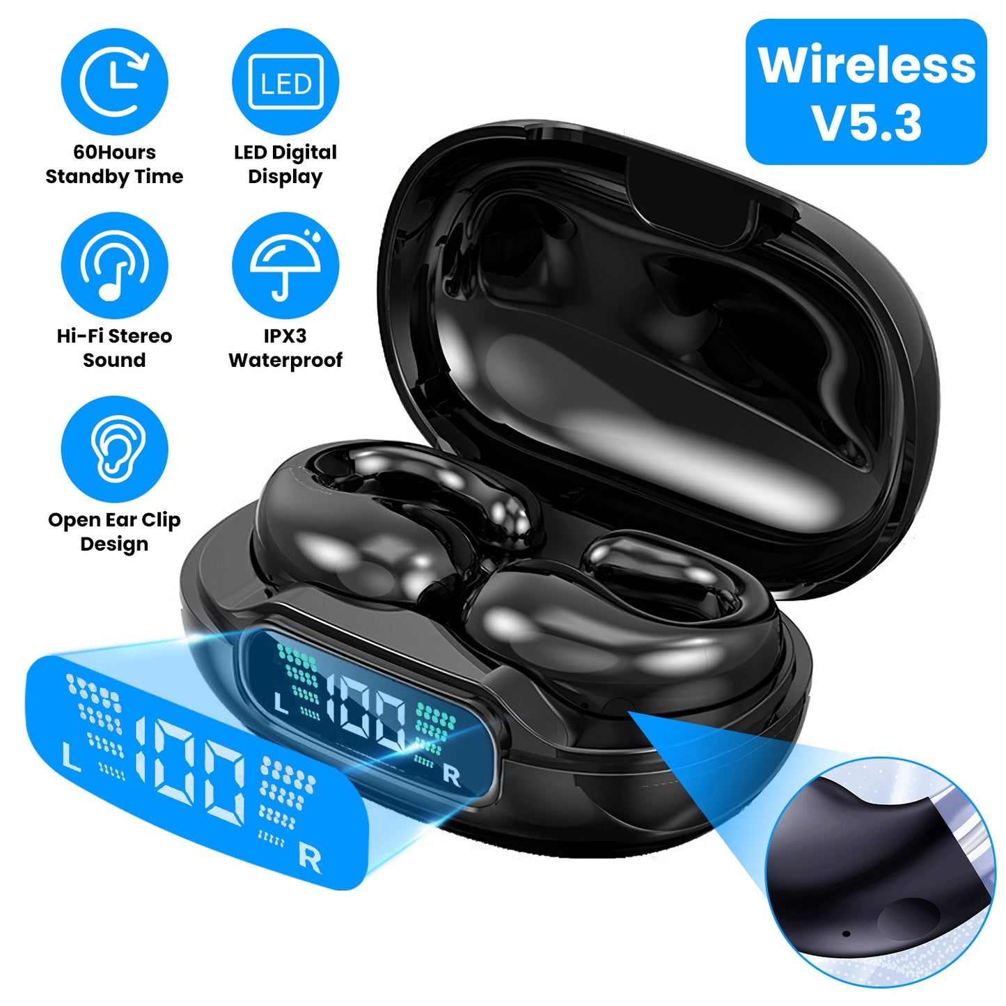 Wireless V5.3 Open Ear Clip Earbuds Over Ear Bone Headphones IPX3 Waterproof Ultra Open Earbuds with LED Display Charging Case for Driving Working Tra