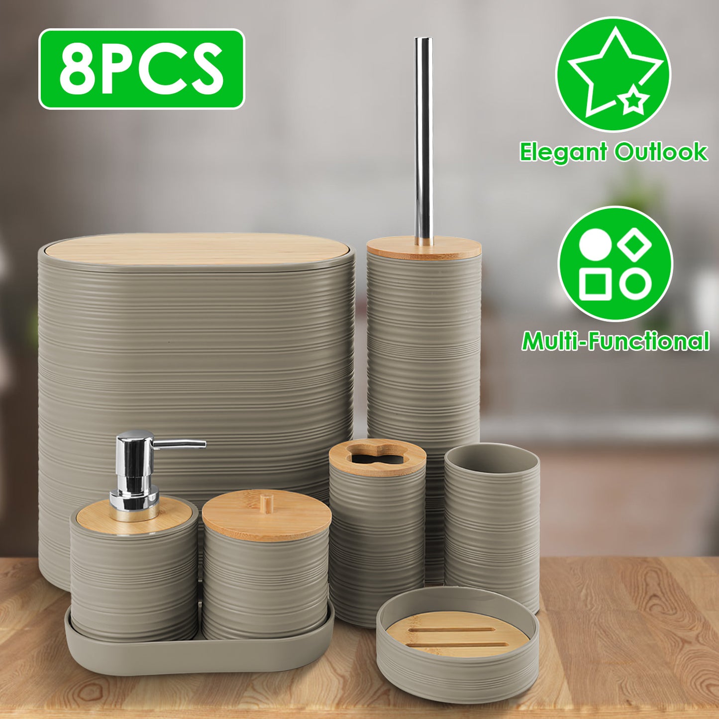 8Pcs Bathroom Accessories Set Bathroom Holder Set with Soap Dispenser Toothbrush Holder Cup Soap Dish Toilet Cleaning Brush Trash Can Qtip Holder Vani