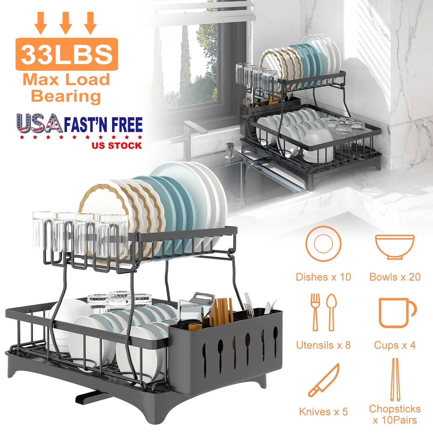 Dish Drying Rack with Drainboard Detachable 2-Tier Dish Rack Drainer Organizer Set with Utensil Holder Cup Rack Swivel Spout for Kitchen Counter