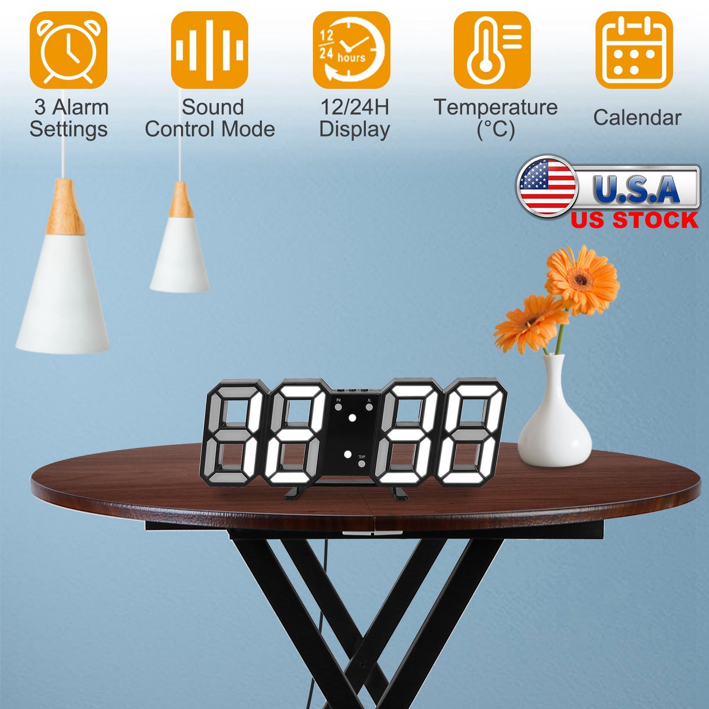 3D LED Digital Wall Clock Sound Control Table Desk Alarm Clock w/ 3 Auto Adjustable Brightness Snooze Date Temperature 12/24Hr Time Display For Office