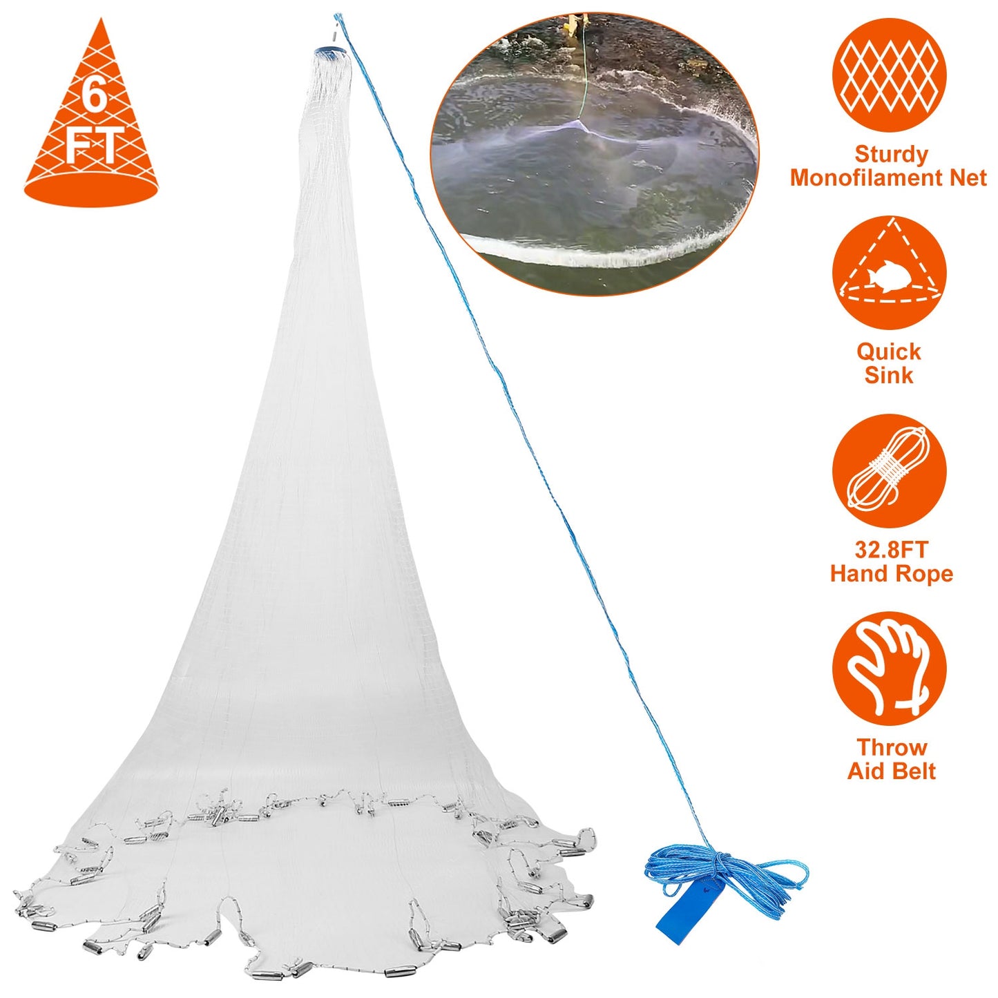 6ft Radius Fishing Cast Net Bait Trap Easy Throw Heavy Duty Hand Cast Net with Chain Sinker Bottom Spread