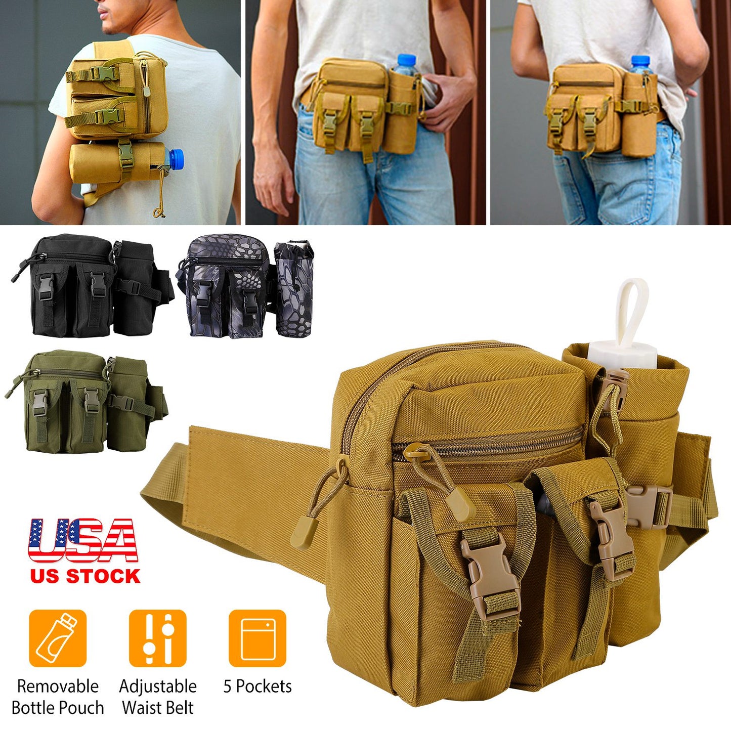 Tactical Waist Bag Utility Pouch Military Hiking Belt Bag w/ Water Bottle Pouch For Fishing Mountaineering Camping Hunting Running Outdoor