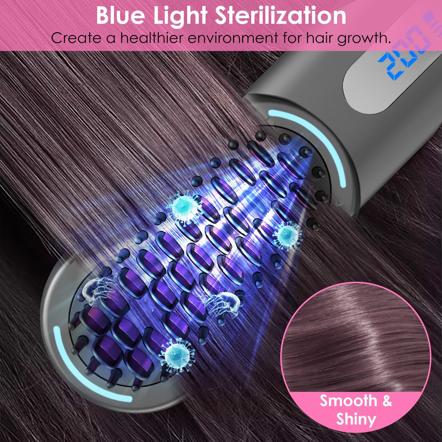 Cordless Hair Straightener Brush Rechargeable Mini Styling Comb with 4 Heating Levels Blue Light Sterilization Single press Stray Hair Removal 20Mins