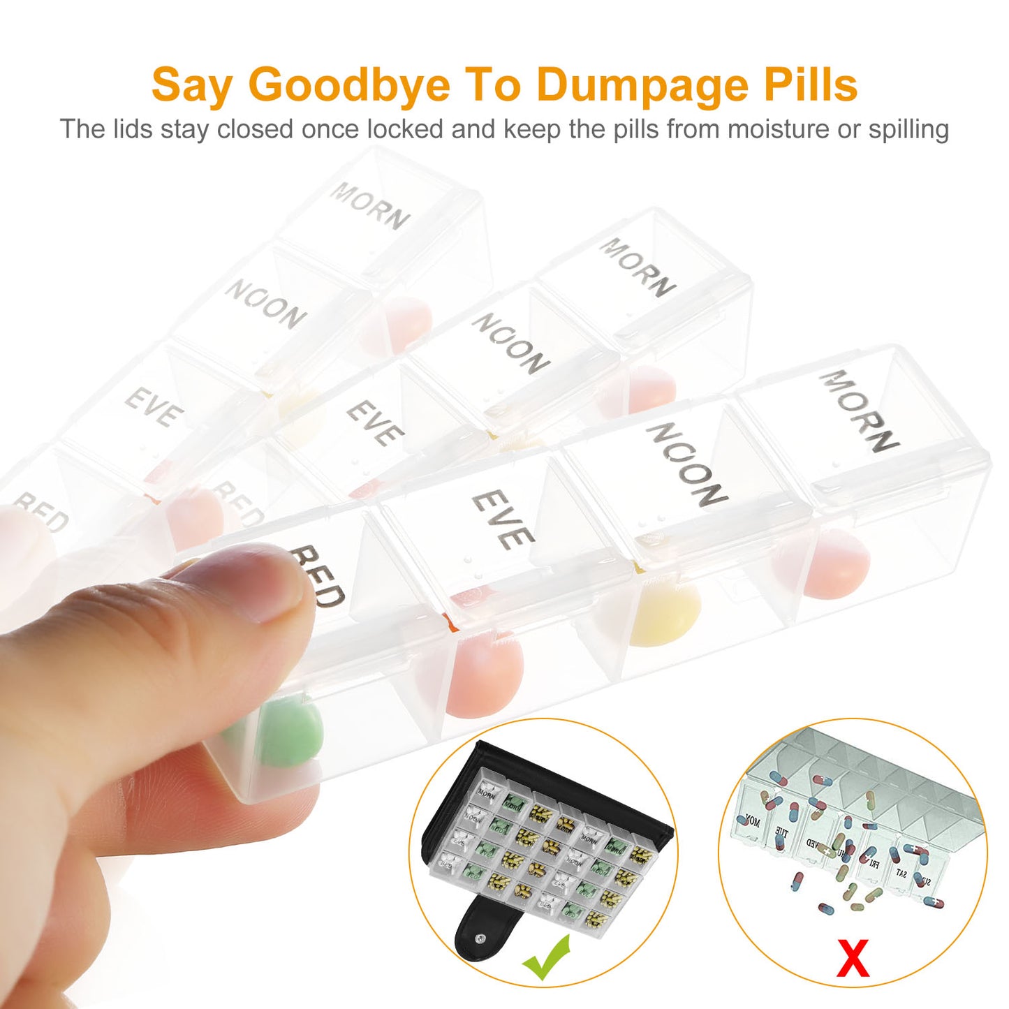 Weekly Pill Organizer AM PM Daily Medicine Pill Planner BPA Free Pill Box Vitamins Medication Supplements Holder with PU Leather Case