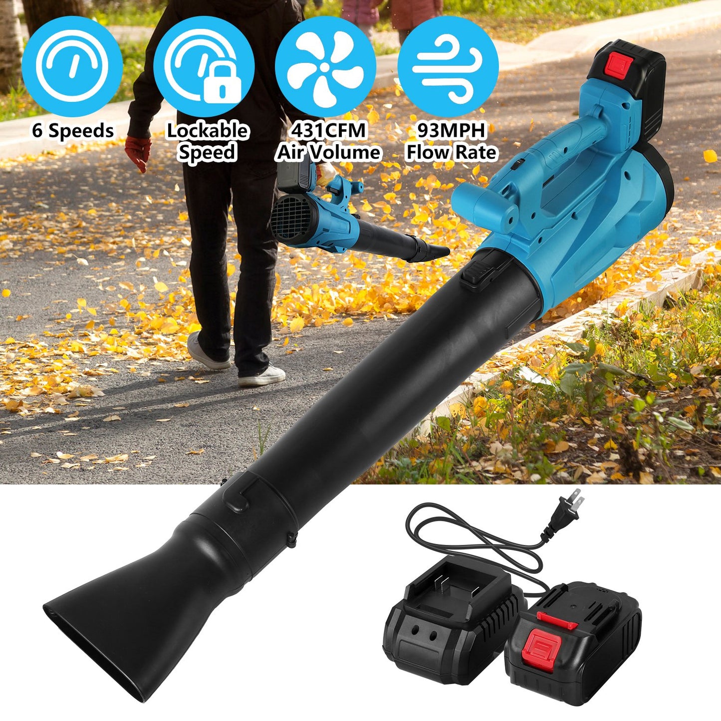 Cordless Leaf Blower 93MPH 431CFM Battery Powered Leaf Blower    with 6 Variable Speeds 2 Rechargeable Batteries for Yard Patio Driveway