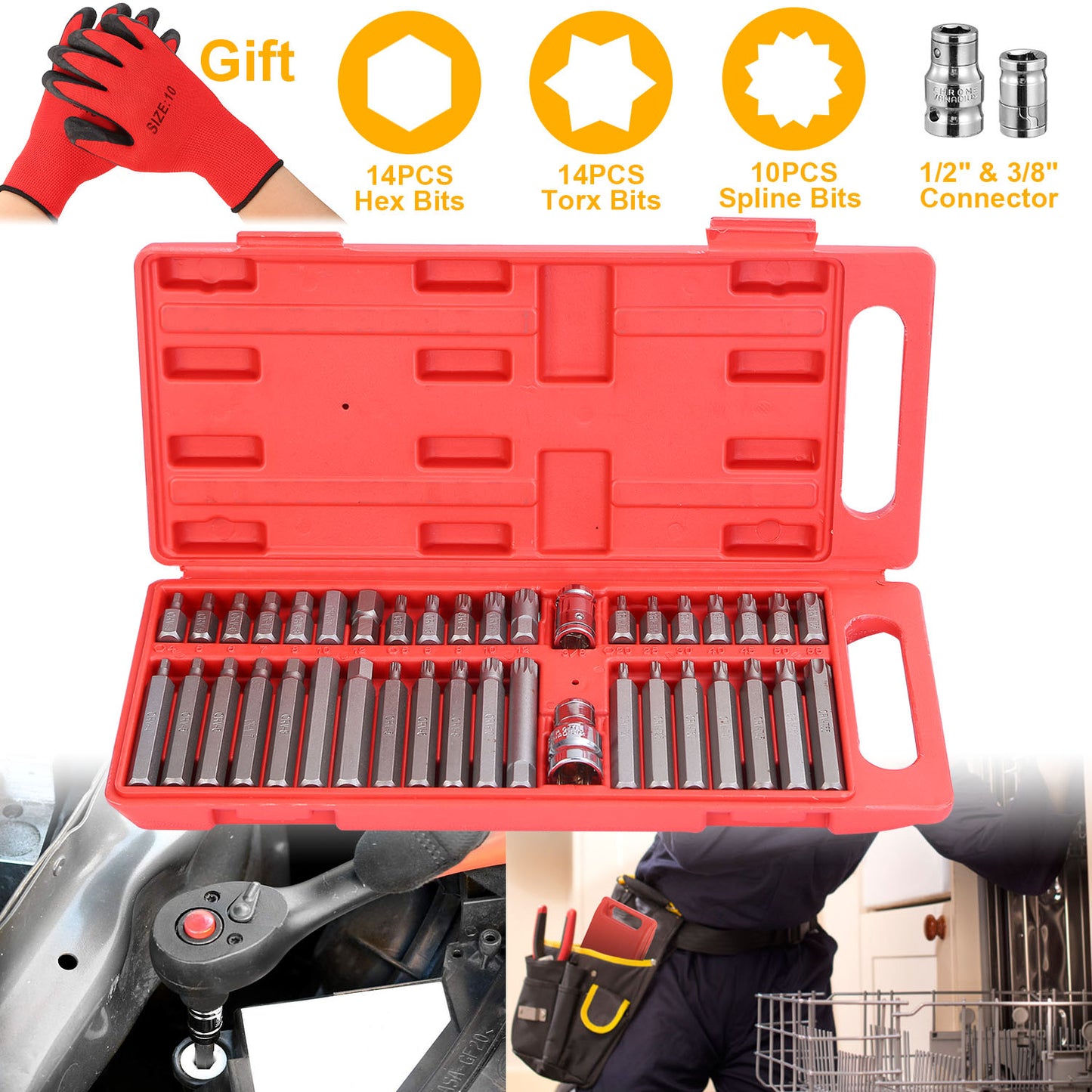 40Pcs Socket Bit Set Hex Torx Spine CRV Combination Bits w/ 3/8"1/2" Drive Free Gloves Case