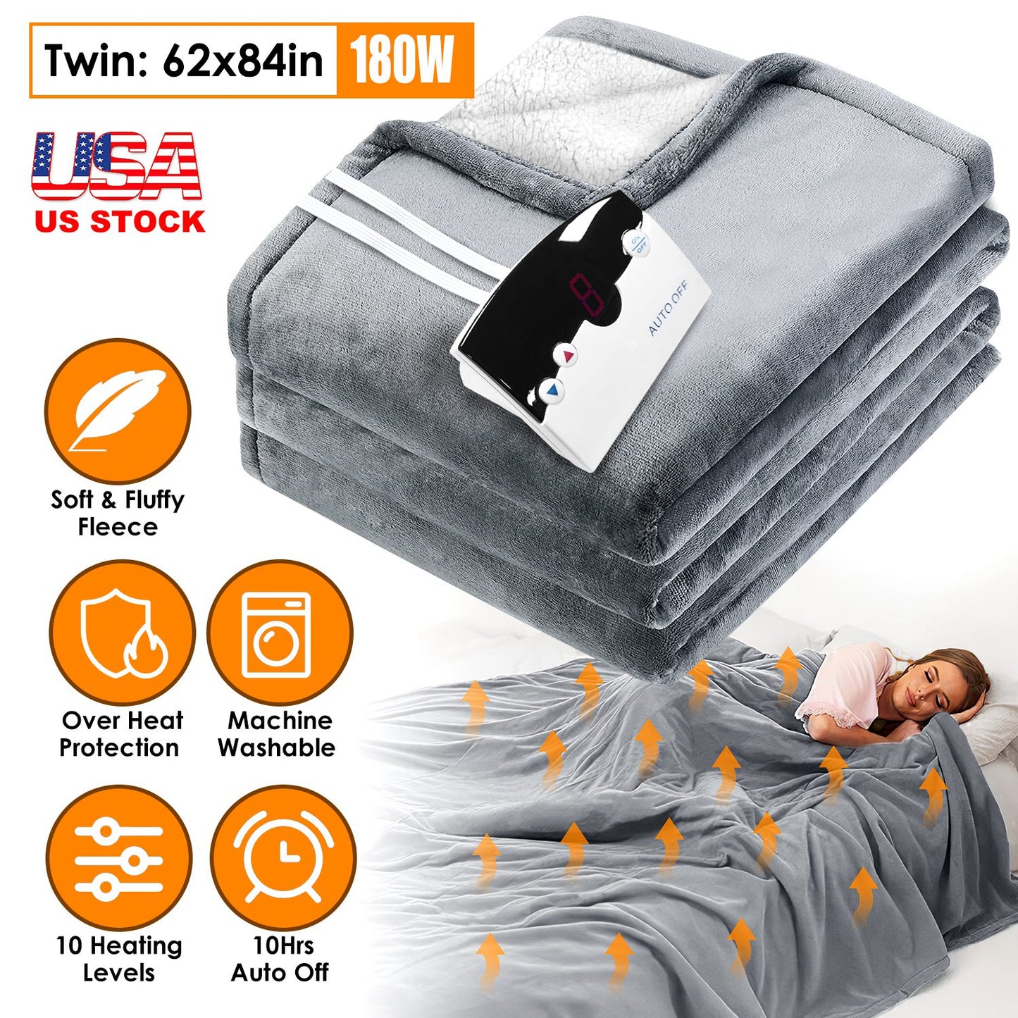Electric Heated Twin Size Fleece Heated Blanket with 10 Heating Levels 10 Hours Auto Off Machine Washable for Home Office Usage 62x84in