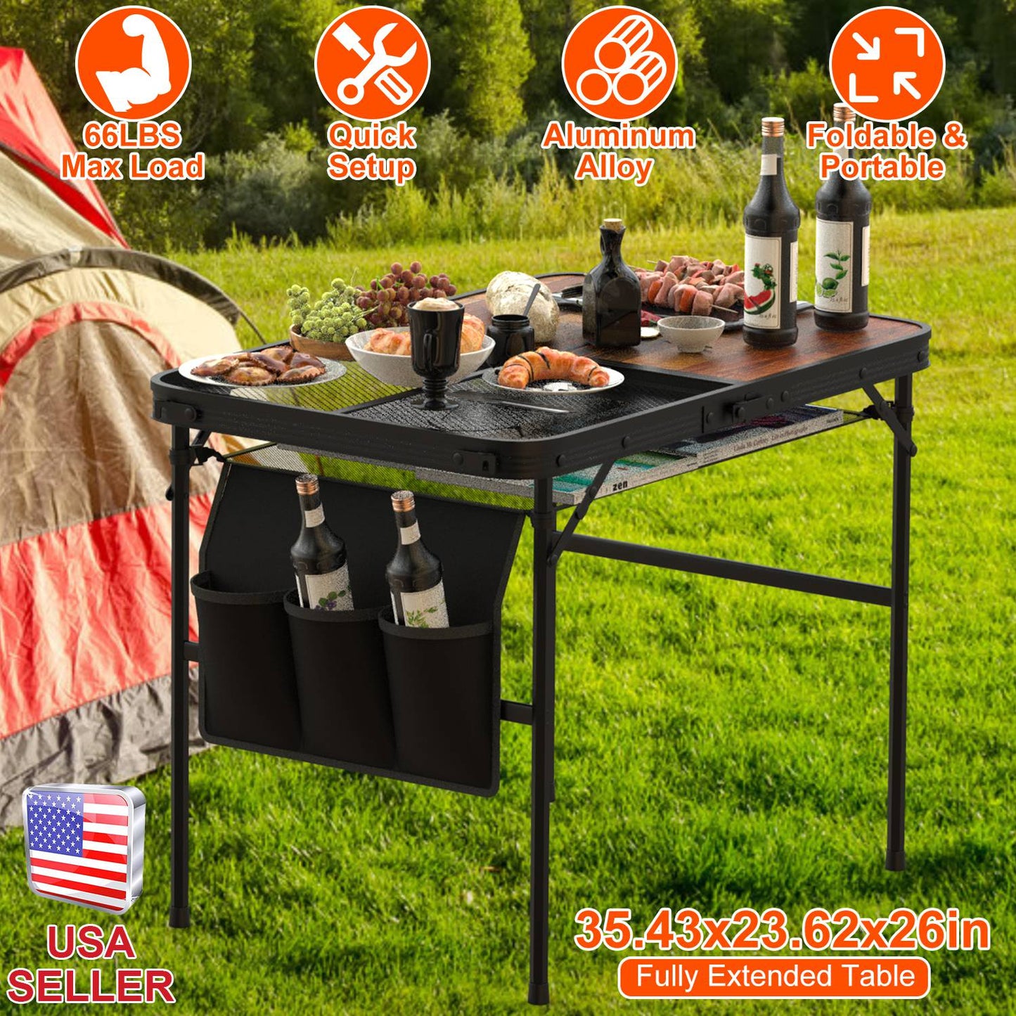 35.43x23.62x26in Foldable Camping Table Collapsible Picnic Aluminum Alloy Grill Stand 66LBS Max Load Height Adjustable BBQ Table with Adjustable Heigh