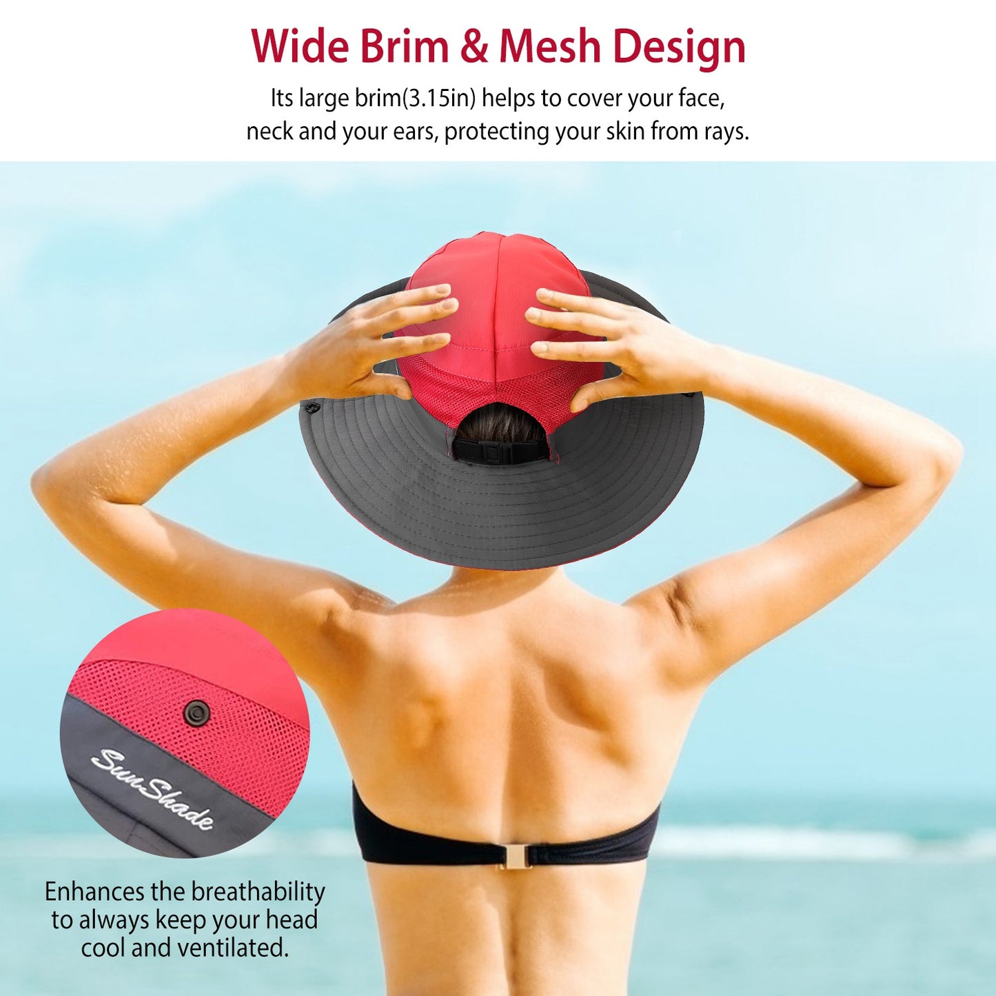 Women Summer Sun Bucket Hats Foldable UV Protection Cotton Cap Wide Brim Floppy Cap Packable Ponytail Mesh Travel Hat For Beach Fishing Camping Travel
