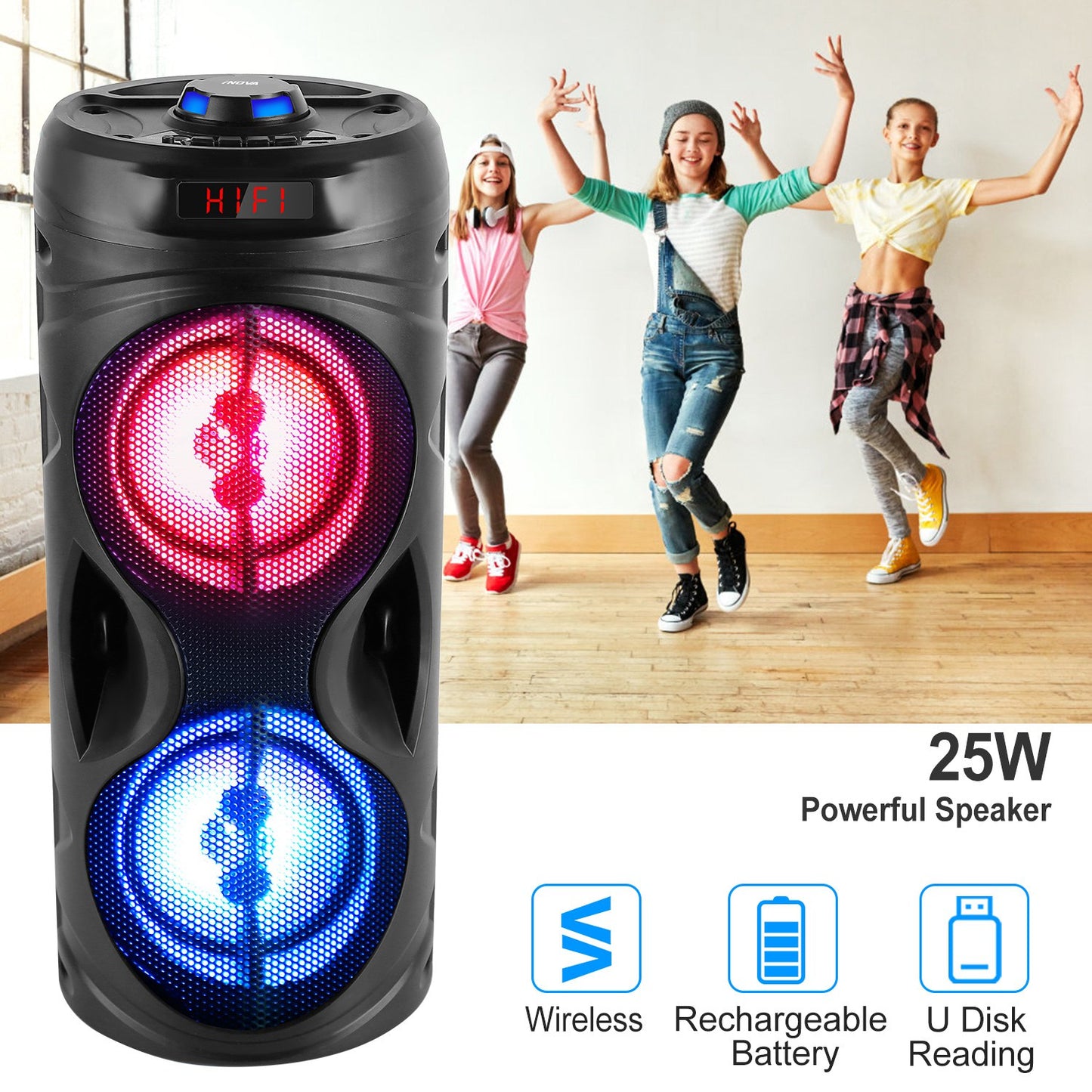 Portable Wireless Party Speaker Karaoke Machine Wireless Speaker with LED DJ Light FM Radio Supports MMC Card/USB Microphone Aux-In for Party Home TV