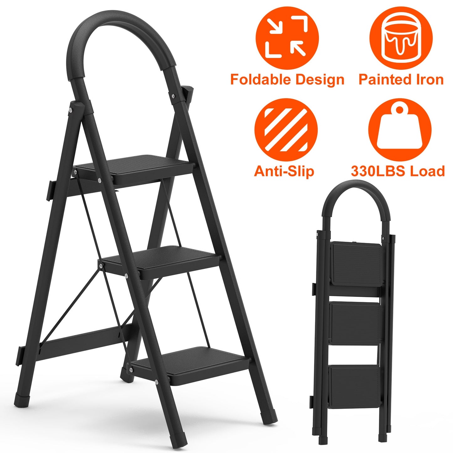 3-Step Foldable Ladder With Wide Anti-Slip Pedal Safety Locking Design Soft Handgrip Portable Lightweight Folding Step Stool 330LBS Load Capacity for