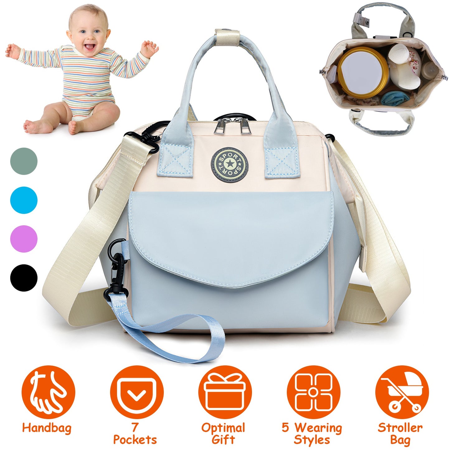 Baby Nappy Diaper Bag with 6 Pockets Burp Cloth Adjustable Shoulder Strap Detachable Small Bag Multifunctional Diaper Changing Bag with 2 Insulated Po