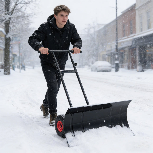 29 Inch Snow Pusher Heavy Duty Metal Shovel with Wheels and Adjustable Handle-Black