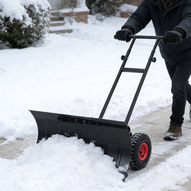 29 Inch Snow Pusher Heavy Duty Metal Shovel with Wheels and Adjustable Handle-Black