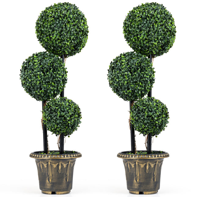 29 Inches Artificial Boxwood Topiary Tree Triple Ball Shrubs Set of 2
