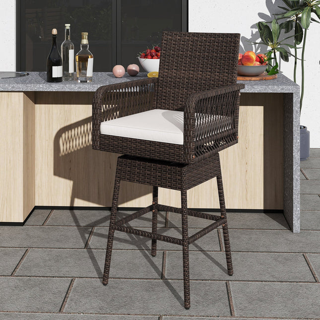 29 Inches Patio 360¬∞ Swivel Bar Stool with Cross-Woven Armrests and Seat Cushion-White