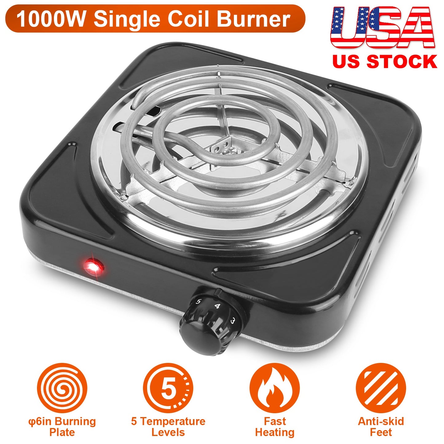 1000W Electric Single Burner Portable Coil Heating Hot Plate Stove Countertop RV Hotplate with Non Slip Rubber Feet 5 Temperature Adjustments