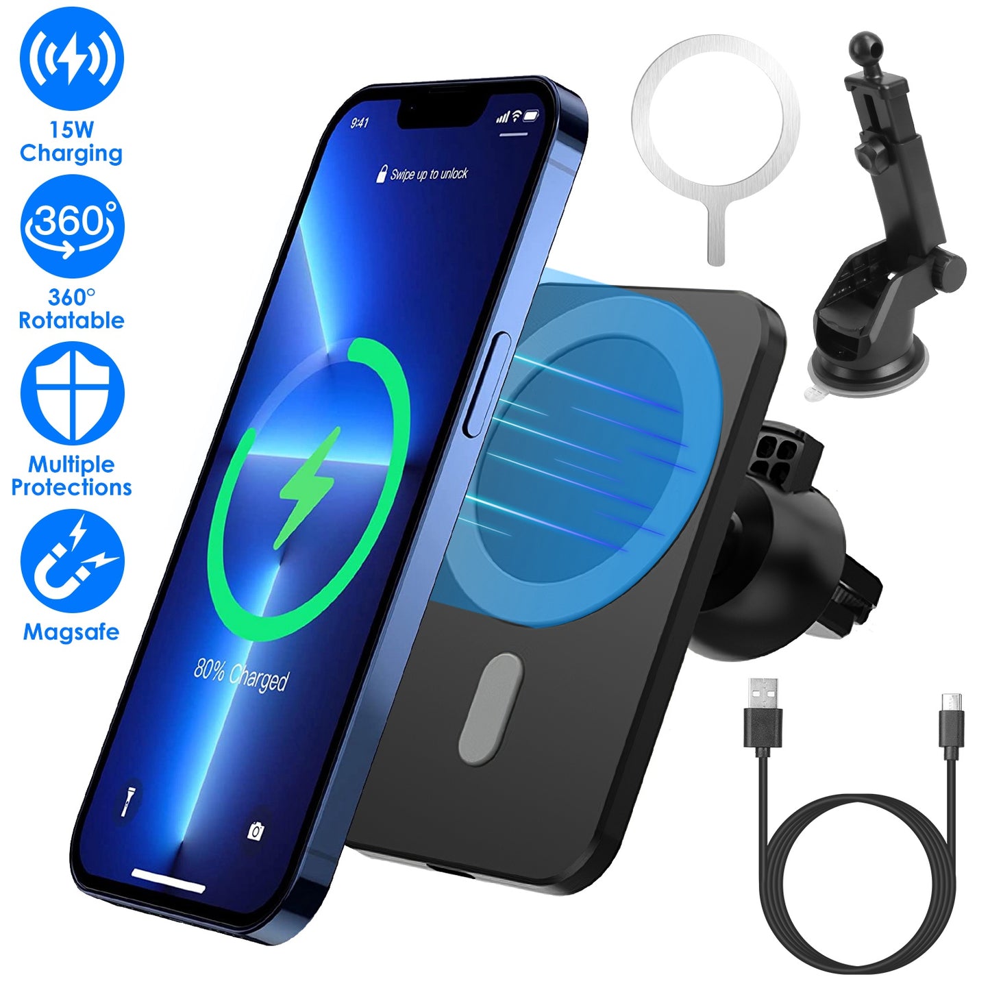 Magnetic Wireless Car Charger MagSafe Car Phone Mount Air Vent Holder 15W Wireless Charger Fit for IOS Phone 12/13/14 Series and QI-Enabled Phones wit