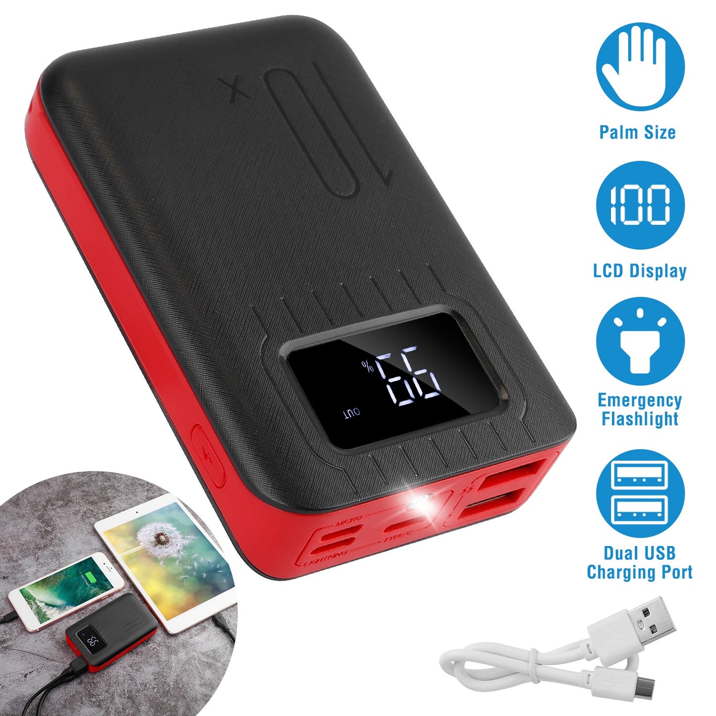 10000mAh Portable Power Bank External Battery Pack Charger Dual USB Charge Ports with LCD Display Flashlight Type C Micro USB Lightning Input Ports