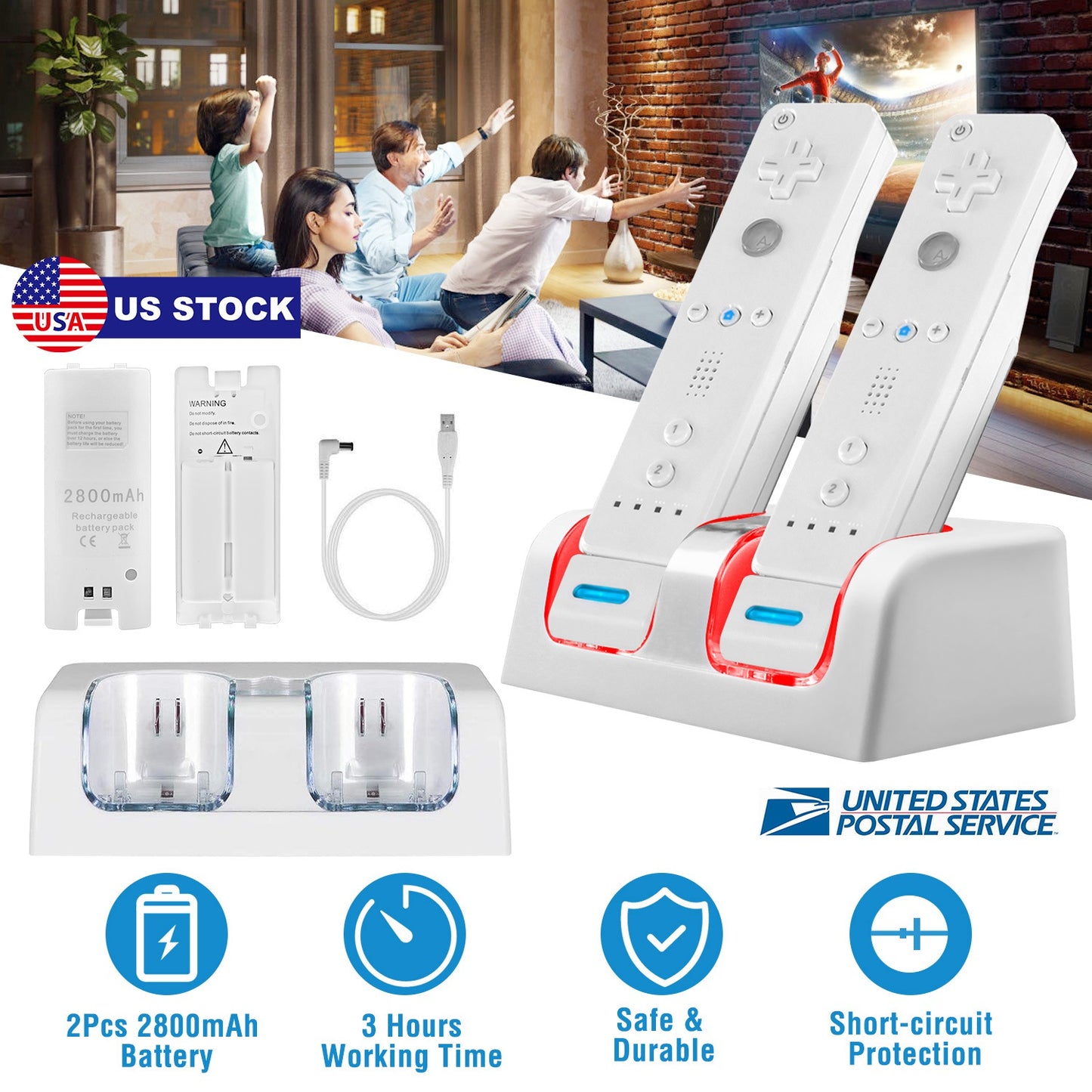 For Wii Remote Controller Charger Dual Charge Dock with Two 2800mAh Rechargeable Batteries