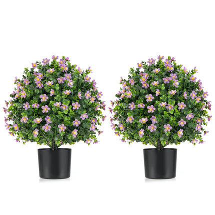 2 Pack Artificial Boxwood Topiary Ball Tree Faux Shrub Bushes with Flowers