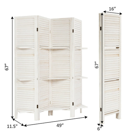 4 Panel Folding Room Divider Screen with 3 Display Shelves