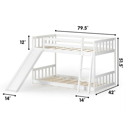 Twin over Twin Bunk Wooden Low Bed with Slide Ladder for Kids
