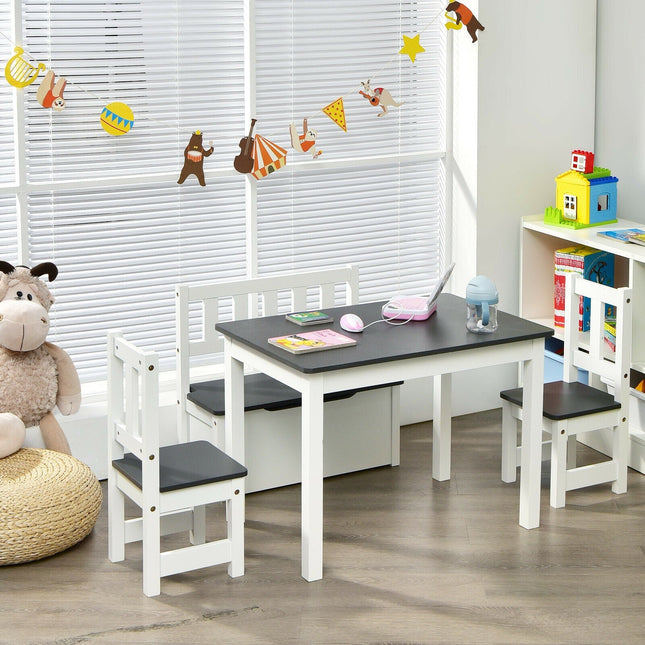 4 Pieces Kids Wooden Activity Table and Chairs Set with Storage Bench and Study Desk