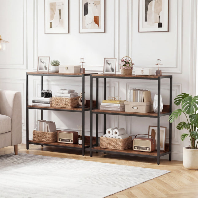 2-Pack 3-Tier Industrial Bookshelf with Metal Frame