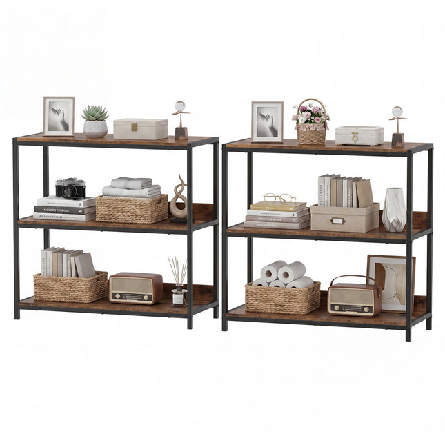 2-Pack 3-Tier Industrial Bookshelf with Metal Frame