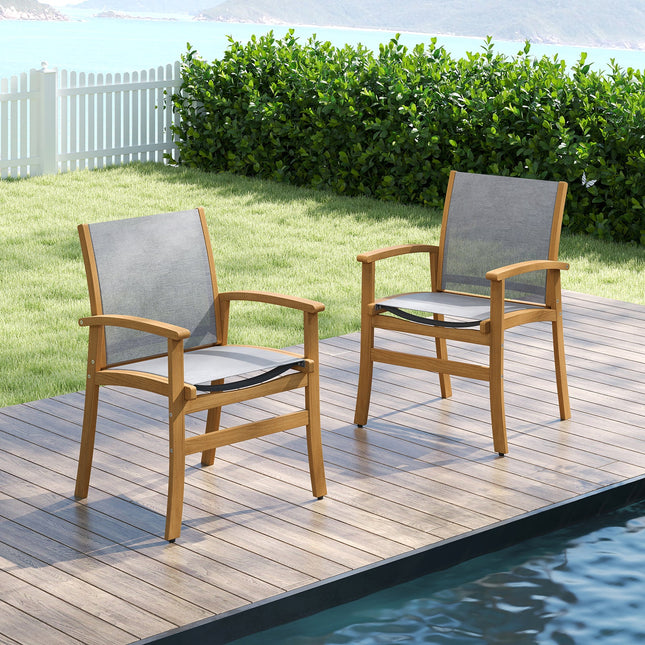 Patio Chairs Set of 2 Acacia Wood Armchairs with Breathable Fabric Back and Seat