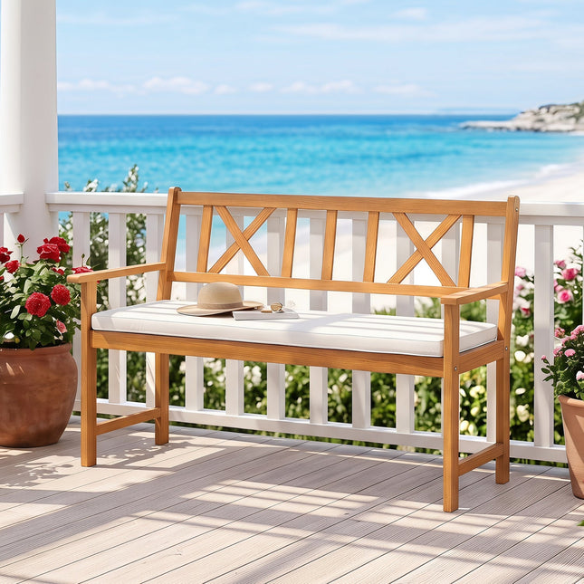 2-Person Acacia Wood Garden Bench with Removable Cushion