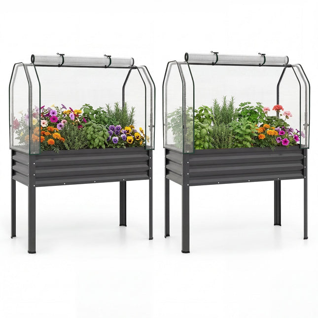 2 Pieces Galvanized Raised Garden Bed with Legs and Greenhouse Cover for Vegetable Flower