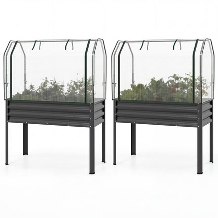 2 Pieces Galvanized Raised Garden Bed with Legs and Greenhouse Cover for Vegetable Flower