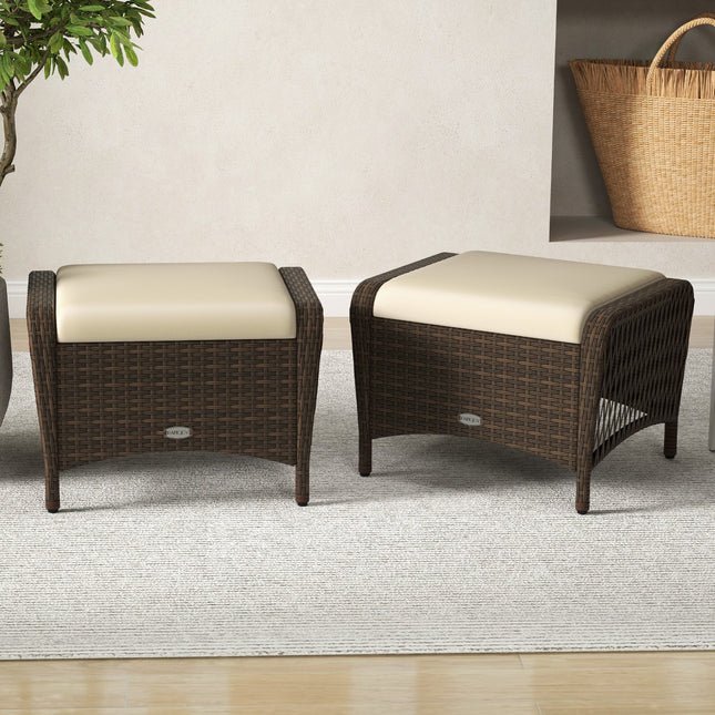 Set of 2 Outdoor Patio PE Wicker Ottomans with Removable Cushions