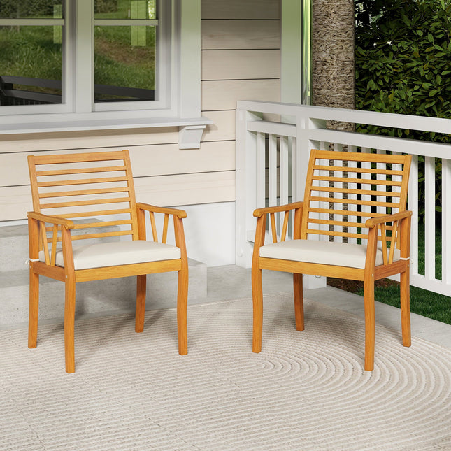 2 Pieces Patio Dining Chairs Outdoor Acacia Wood Armchairs Bistro Conversation Furniture-White