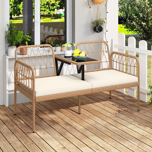 2-Seat PE Rattan Outdoor Loveseat with Built-in Coffee Table and Soft Cushions-White