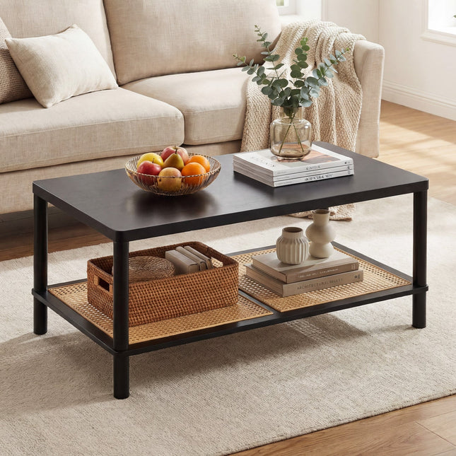 2-Tier Boho Coffee Table with Rattan Storage Shelf