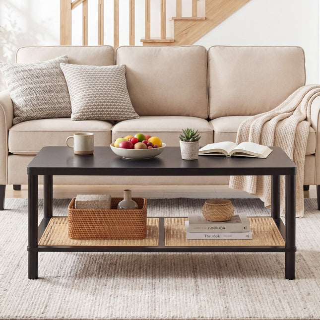 2-Tier Boho Coffee Table with Rattan Storage Shelf