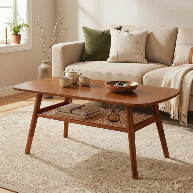2-Tier Rattan Coffee Table with Rounded Corners