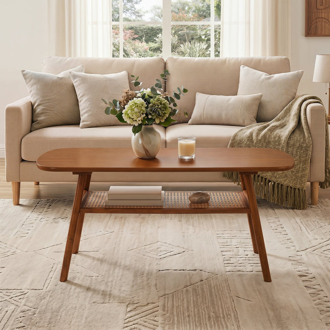 2-Tier Rattan Coffee Table with Rounded Corners