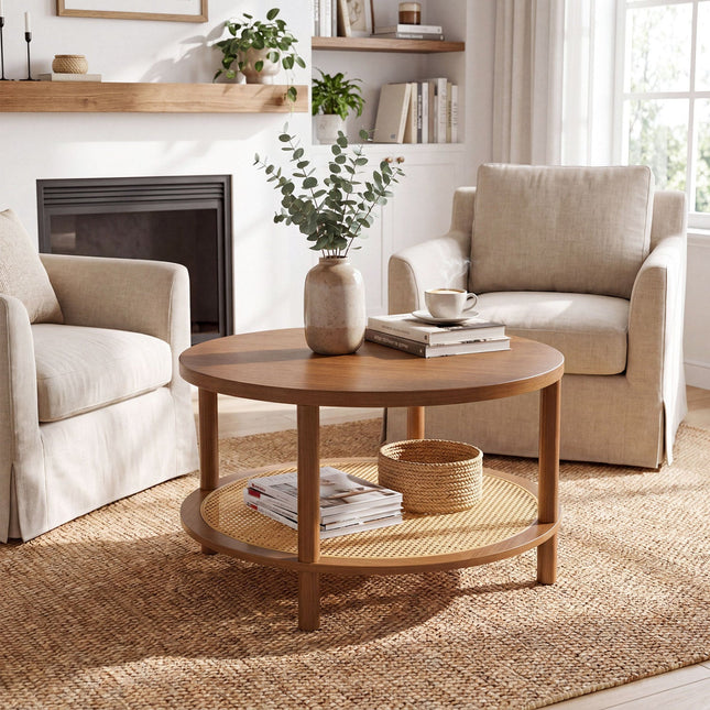 Round Rattan Coffee Table with Storage Shelf