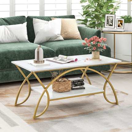 2-Tier Rectangle Coffee Table with Marble Pattern Top